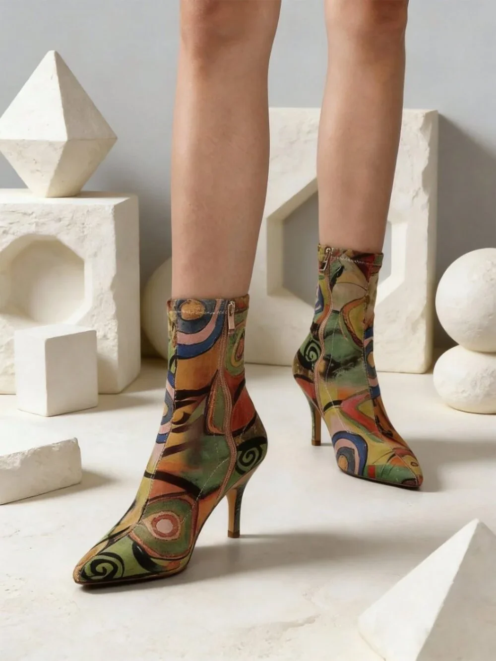 Multicolor Vintage Women's All Over Print Stiletto Slip On Stretch Boots